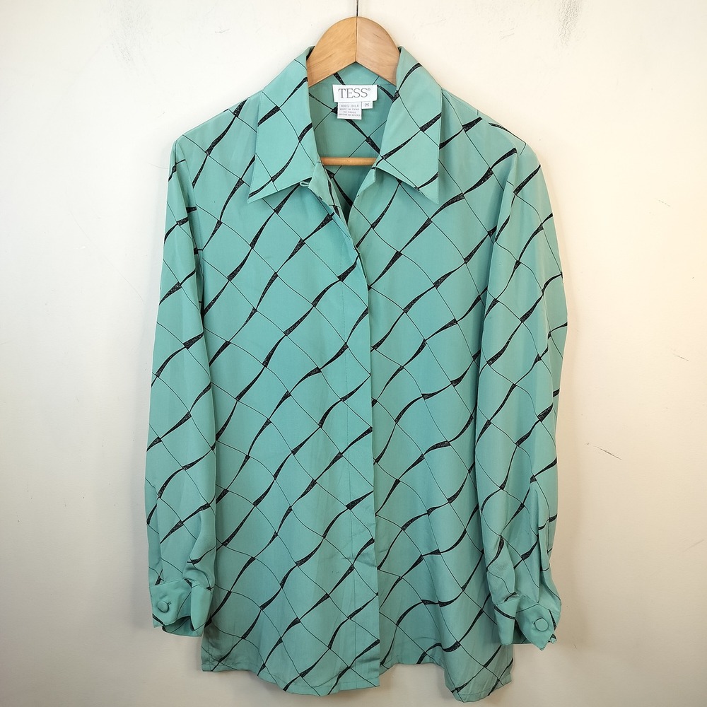 TESS 100% silk Button Up Shirt Tunic Womens Medium Geometric Grid Green Black